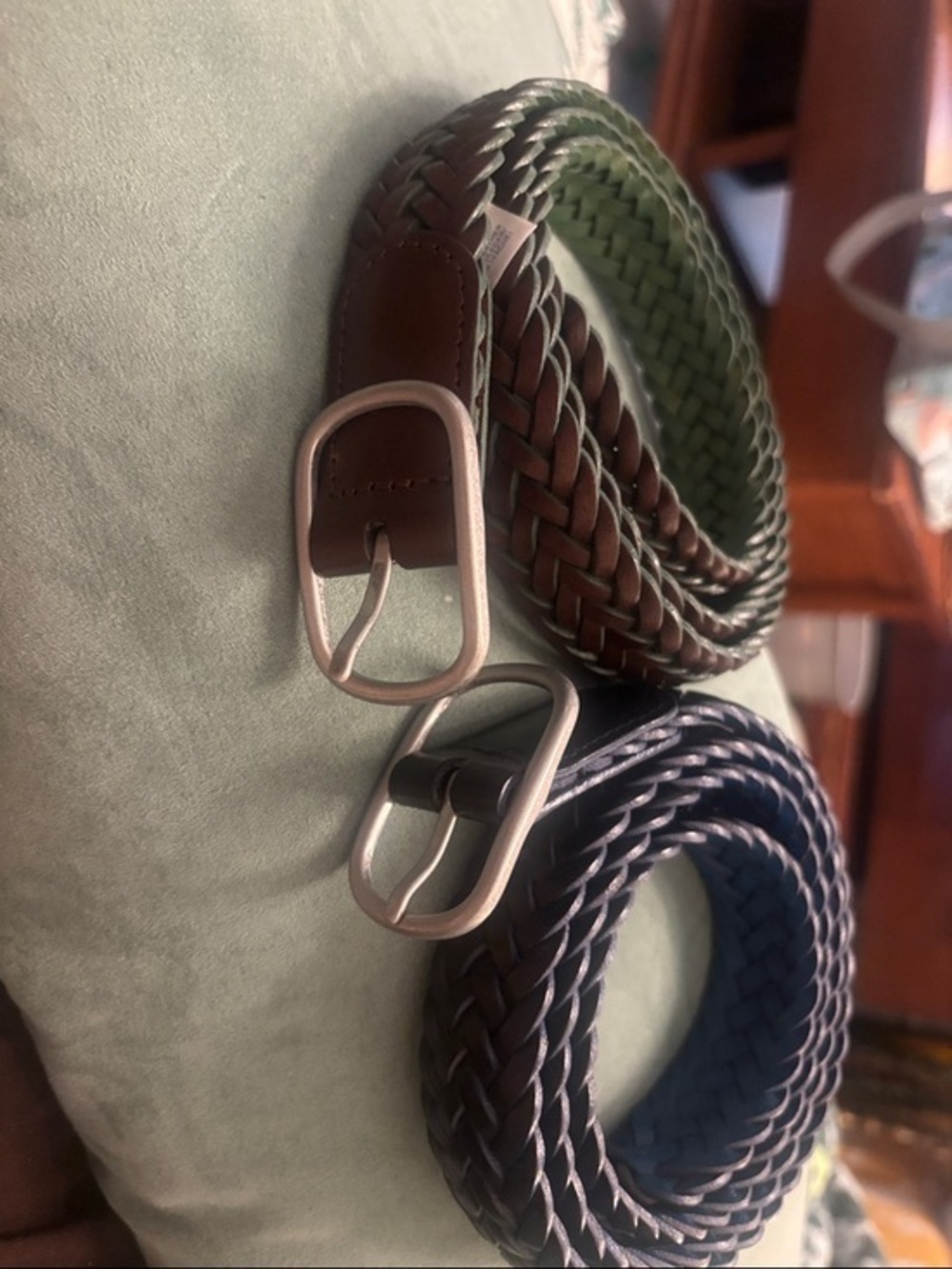 2 Lands' End Braided Leather Belt with solid brass/silver toned buckle